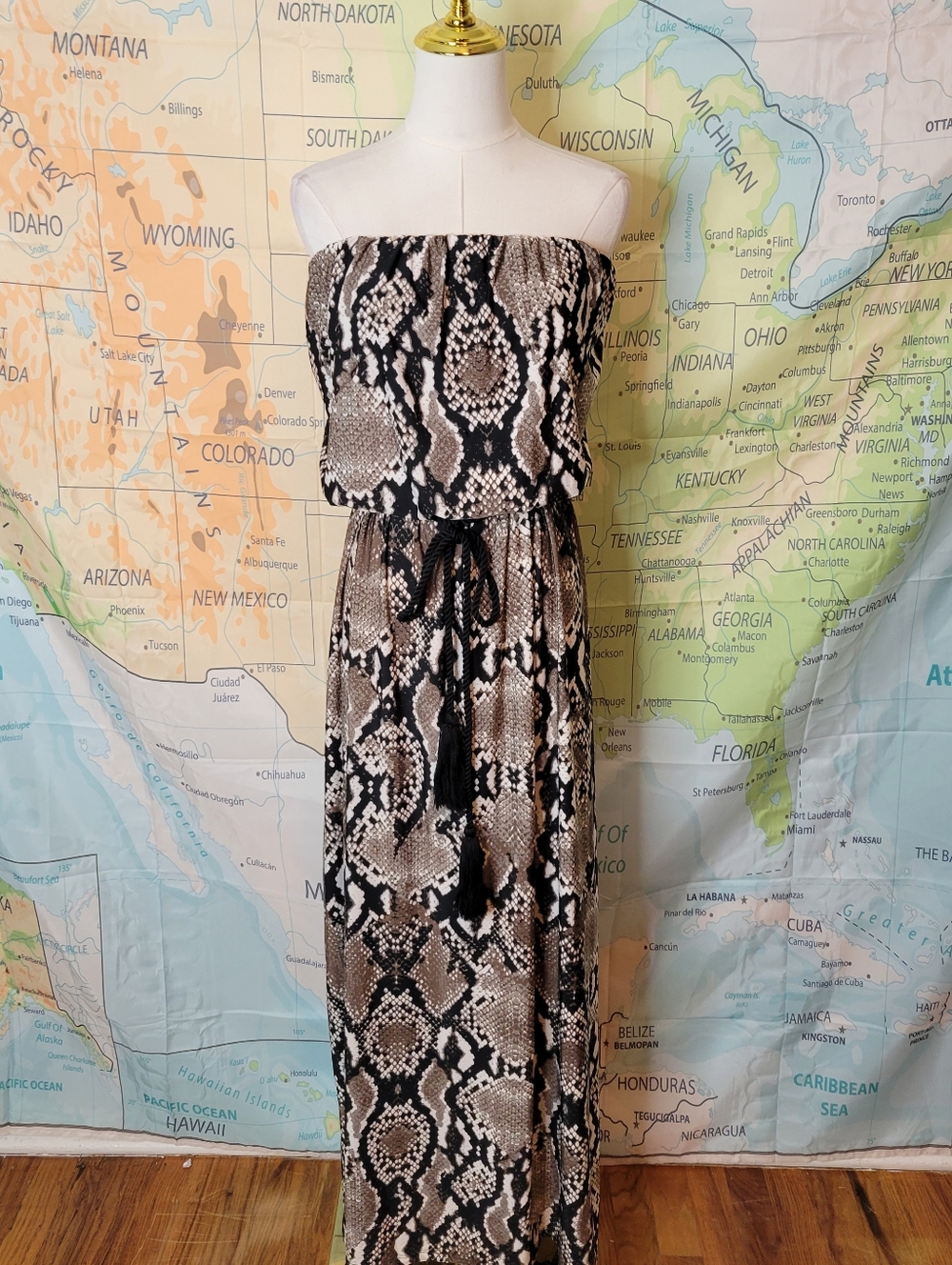 Blooming Rose Strapless Snake Print Maxi Dress in Brown and Black - Picture 15 of 15